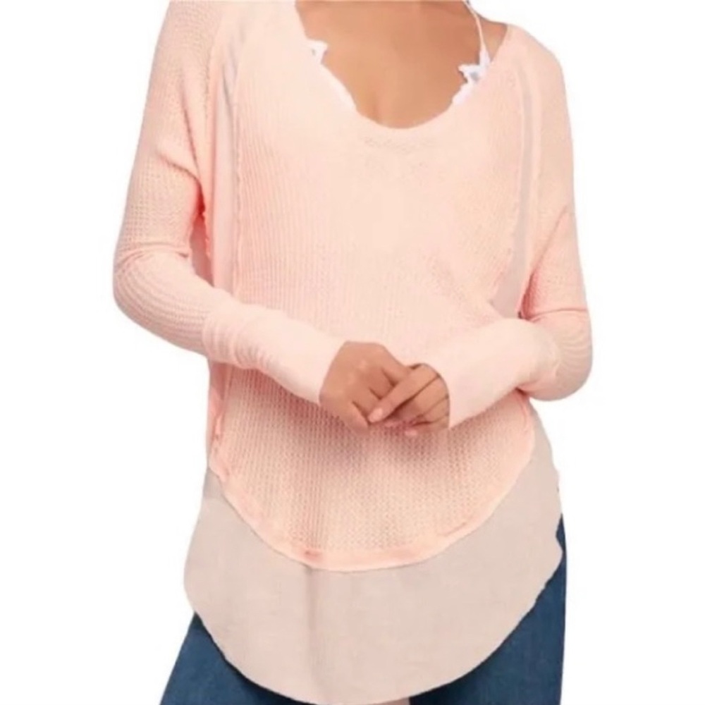 Free People long sleeve pastel pink  /drippy sleeve /waffle print shirt